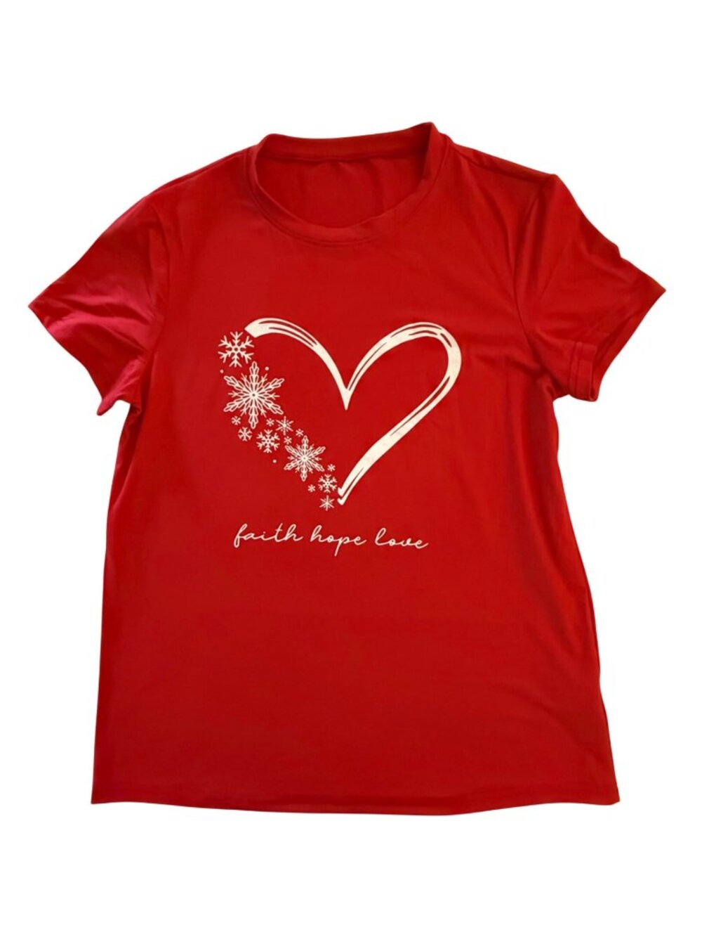 Faith Hope Love Tee Womens Medium Red Snowflake Heart Christmas Graphic